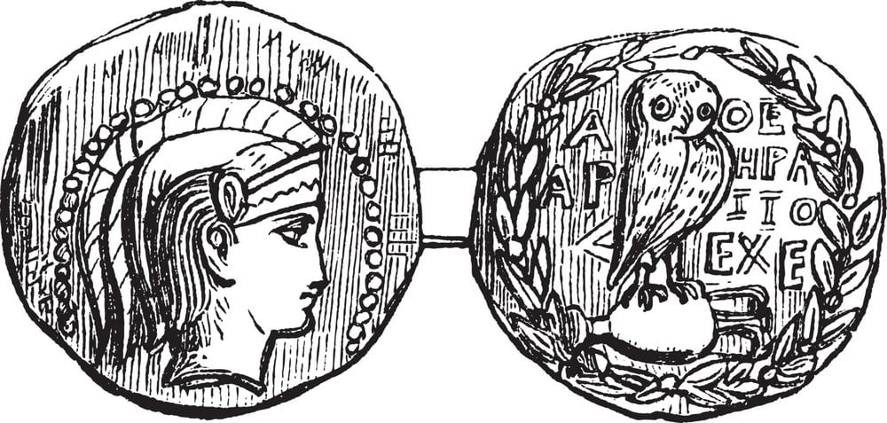 ancient greek drachma, illustration of a Tetradrachm from Athens showing Athena on the front (head) and an owl on the rear (tail) sides.