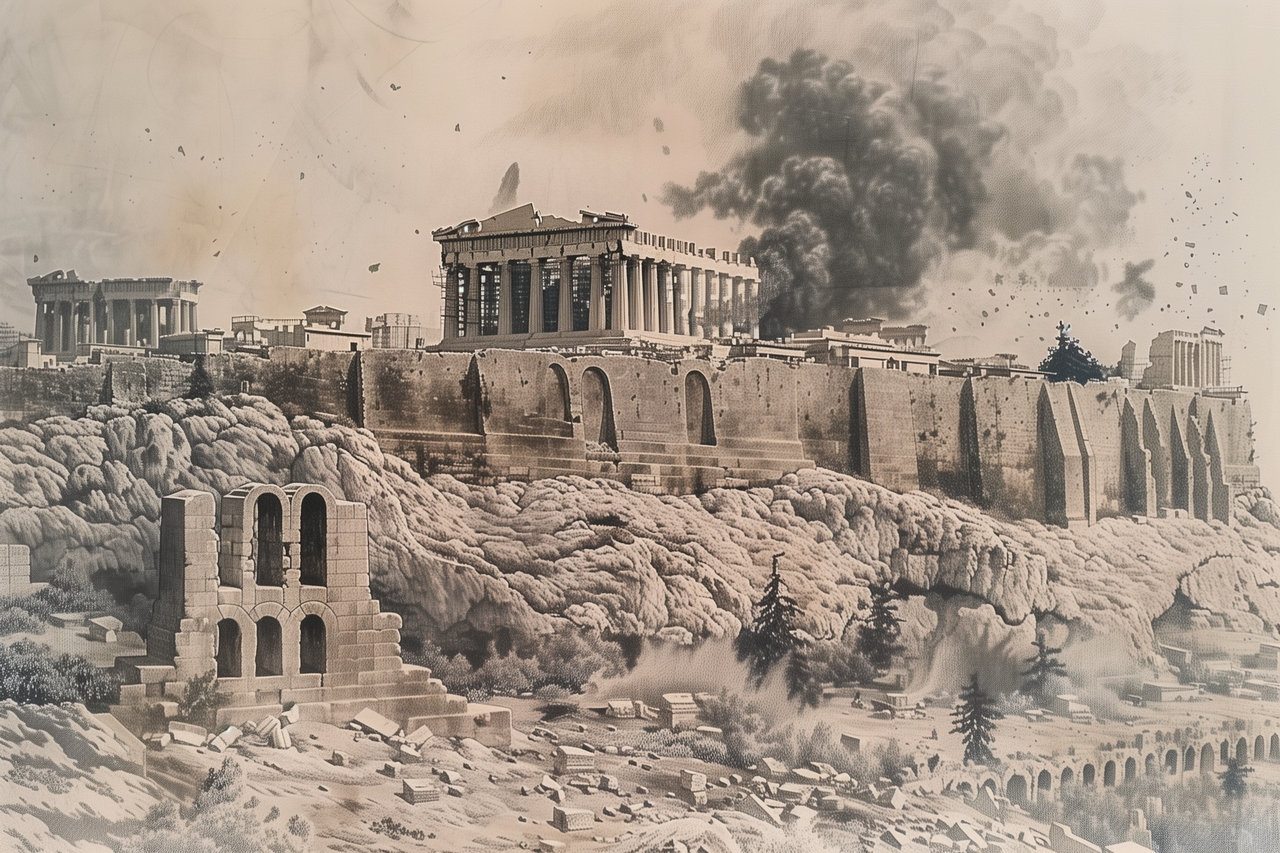 smoke comes from Acropolis when it was bombarded in 1822
